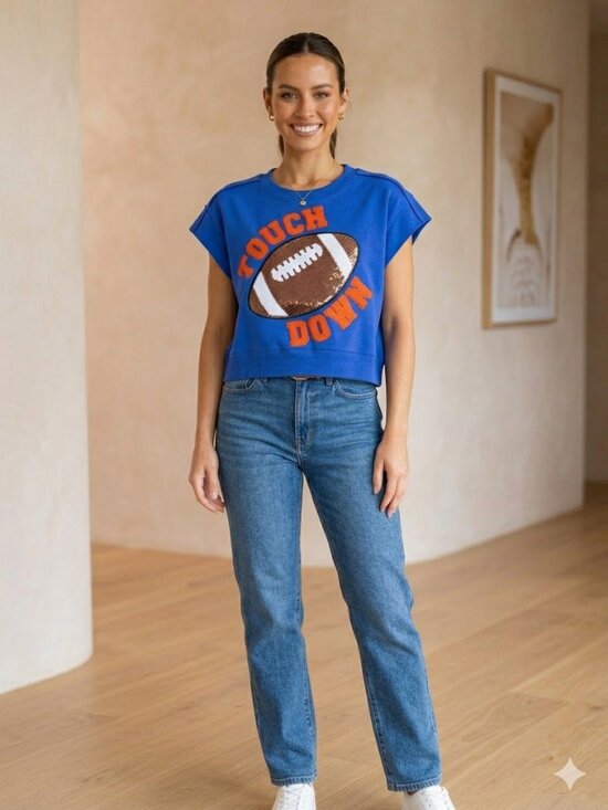 Anna & Ava Tops - Anna & Ava Sequin Football Touch Down Cropped Oversize Sweatshirt Womens S/M NWT